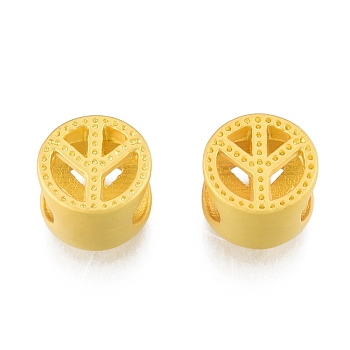 Alloy European Beads, Large Hole Beads, Matte Style, Flat Round with Peace Sign, Matte Gold Color, 10.5x10x7mm, Hole: 5x7mm