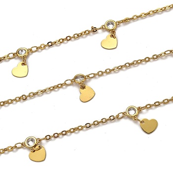 3.28 Feet Handmade Brass Cable Chains, with Clear Cubic Zirconia and Heart Charms, Long-Lasting Plated, Soldered, Golden, Links: 2.6x2.2x0.4mm, Heart: 6.3x7.2x0.5mm