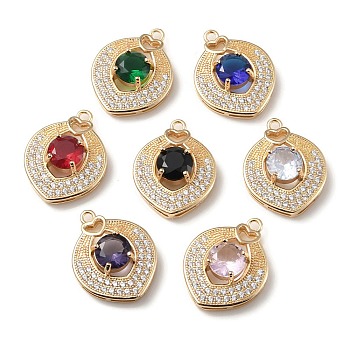 Brass with K9 Glass & Rhinestone Pendants, Light Gold, Oval with Heart Charms, Mixed Color, 24.5x18.5x7mm, Hole: 1.8mm