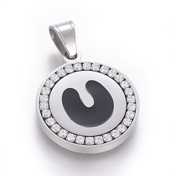304 Stainless Steel Enamel Pendants, with Cubic Zirconia, Flat Round with Letter, Stainless Steel Color, Clear, Letter.U, 29x25x3mm, Hole: 5.5x8.5mm