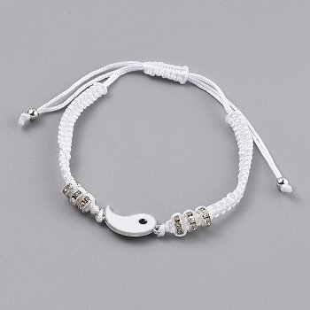 Adjustable Nylon Cord Braided Bead Bracelets, with Alloy Enamel Gossip/Yin Yang Links and Alloy Rhinestone Spacer Beads, White, Platinum, Inner Diameter: 1-3/4~3-1/8 inch(4.5~8cm)