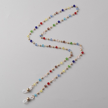 Plastic Round Beaded Eyeglasses Chains, Golden Brass Neck Strap for Eyeglasses, with Rubber Loop Ends, Colorful, 28.34 inch(72cm)