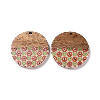Opaque Resin & Walnut Wood Pendants, Flat Round Charms with Flower Pattern, FireBrick, 35x4mm, Hole: 2mm