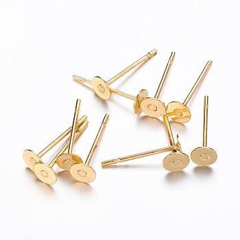 Stud Earring Findings, Lead Free and Cadmium Free, Brass Heads and Stainless Steel Pins, Golden Color, Size: about 12mm long, 0.6mm thick, Head: about 4mm in diameter