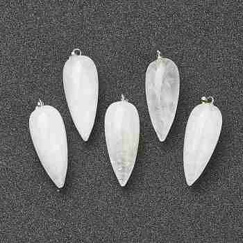 Natural Quartz Crystal Pointed Pendants, Rock Crystal Pendants, with Platinum Brass Findings, Bullet, 32~33x12mm, Hole: 2.5x6mm