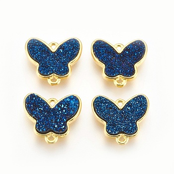 Brass Links connectors, with Druzy Resin, Butterfly, Golden, Prussian Blue, 14.5x16x4mm, Hole: 1.2mm