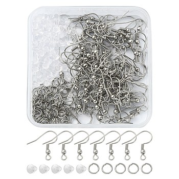 100Pcs 304 Stainless Steel French Hooks with Coil and Ball, Ear Wire, with 100Pcs Jump Rings & 100Pcs Plastic Ear Nuts, Stainless Steel Color, 20x19x3mm, Hole: 2mm, 21 Gauge, Pin: 0.7mm