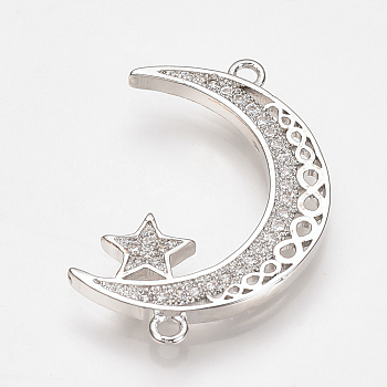 Brass Micro Pave Cubic Zirconia Links, Clear, Moon with Star, Platinum, 27.5x18x2mm, Hole: 1.5mm
