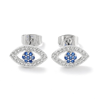 Brass Micro Pave Cubic Zirconia Stud Earrings, Evil Eye Jewelry for Women, Platinum, 7x12mm