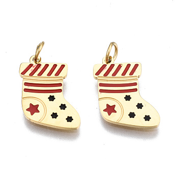 316 Surgical Stainless Steel Enamel Charms, with Jump Rings, for Christmas, Christmas Sock, Red and Black, Real 14K Gold Plated, 14x10.5x1mm, Jump Ring: 3.8x0.6mm, 2.6mm inner diameter