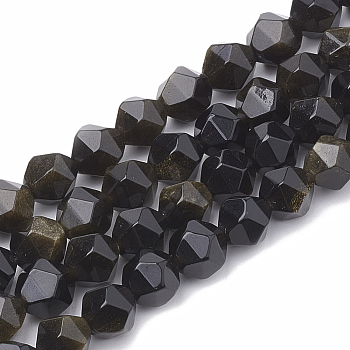Natural Golden Sheen Obsidian Beads Strands, Star Cut Round Beads, Faceted, 8~10x7~8mm, Hole: 1mm, about 45~48pcs/strand, 14.2~14.6 inch