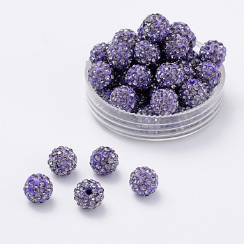 Polymer Clay Rhinestone Beads, Pave Disco Ball Beads, Grade A, Round, Half Drilled, Tanzanite, 8mm, Hole: 1mm