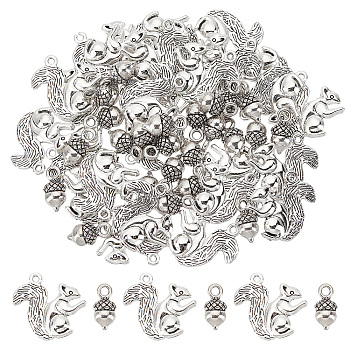 60Pcs 2 Style Alloy Charms, Cadmium Free & Lead Free, Squirrel & Acorns, Antique Silver, 14~21x7~21.5x3.5~6mm, Hole: 2mm, about 30pcs/style