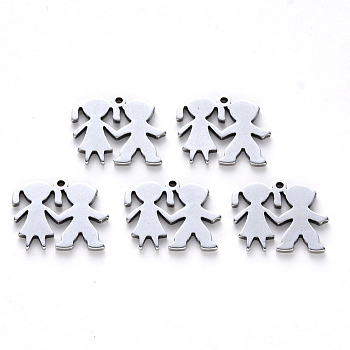 304 Stainless Steel Charms, Laser Cut, Brother and Sister, Stainless Steel Color, 13x15x1mm, Hole: 1mm