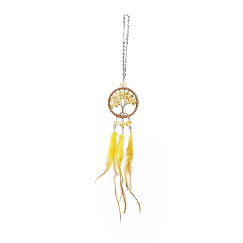 Woven Web/Net with Feather Pendant Decorations, Iron Wire Wrapped Citrine Tree of Life Dangle Decorations, Platinum, 365mm