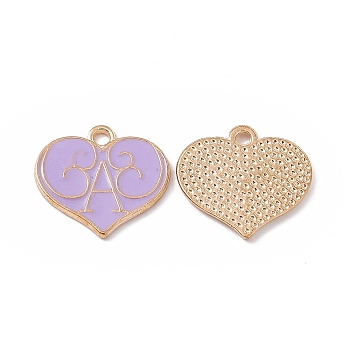 Alloy Enamel Pendants, Heart with Letter A Charm, Golden, Lilac, 17x18x1mm, Hole: 1.8mm