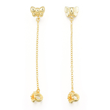 Brass Beads, with Chain, Nickel Free, Butterfly with Flower, Real 14K Gold Plated, 69mm, Hole: 3.5mm