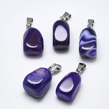 Natural Banded Agate/Striped Agate Pendants, Dyed, with Stainless Steel Snap On Bails, Cuboid, Stainless Steel Color, Medium Slate Blue, 20~23x9~13x9~13mm, Hole: 3~4x7~8.5mm