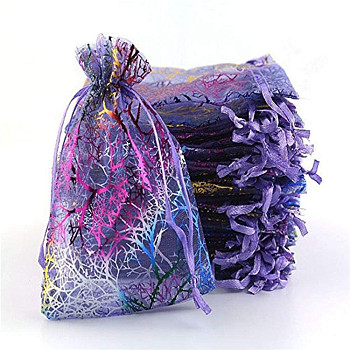 Rectangle Printed Organza Drawstring Bags, Colorful Coral Pattern, Medium Slate Blue, 9x7cm