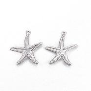 201 Stainless Steel Pendants, Starfish/Sea Stars, Stainless Steel Color, 22x20.5x2.5mm, Hole: 1.2mm(STAS-N0014-51P)