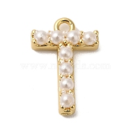 Plastic Imitation Pearl Pendants, with Brass Findings, Golden, Letter T, 7~14x13.5~15x3mm, Hole: 1.3~1.4mm(KK-P230-17G-T)