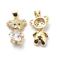 Brass Cubic Zirconia Pendants, Bear with Heart Charm, Real 18K Gold Plated, Clear, 21x13.5x5~5.5mm, Hole: 3.5x4.5mm(KK-G446-27G-03)