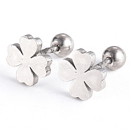201 Stainless Steel Barbell Cartilage Earrings, Screw Back Earrings, with 304 Stainless Steel Pins, Four Leaf Clover, Stainless Steel Color, 7.5x7.5x2mm, Pin: 1mm(EJEW-R147-13)