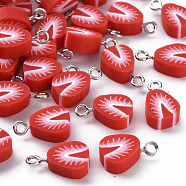 Handmade Polymer Clay Charms, with Iron Findings, Imitation Food, Strawberry, Platinum, Red, 12.5~14x9~10x5~6mm, Hole: 1.8mm(CLAY-S091-99)