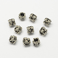 Hollow Flower Alloy Rhinestone Large Hole European Beads, Antique Silver, Crystal, 10x10mm, Hole: 5mm(MPDL-R036-24D)