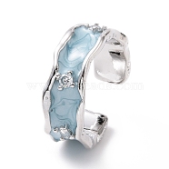 Enamel Wave Open Cuff Ring with Clear Cubic Zirconia, Platinum Plated Brass Jewelry for Women, Light Sky Blue, US Size 7 3/4(17.9mm)(RJEW-D075-07P)