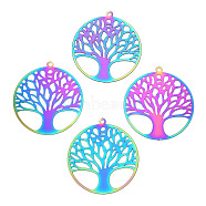 201 Stainless Steel Filigree Pendants, Etched Metal Embellishments, Tree of Life Charm, Rainbow Color, 32.5x30x0.2mm, Hole: 1.6mm(STAS-TAC0018-12)
