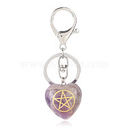 Natural Amethyst Heart with Kore Symbol Keychain, Reiki Energy Stone Keychain for Bag Jewelry Gift Decoration, 9.5x3cm(PW-WG17998-10)