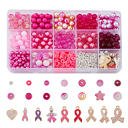 DIY Cancer Awareness Jewelry Making Finding Kit, Including Alloy & Polymer Clay Disc & Acrylic Star Round Beads, Alloy Enamel Ribbon & Heart & Wing Pendants, Pink, 723Pcs/box(DIY-FH0005-56)