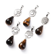 Yoga Chakra Jewelry, Natural Tiger Eye Pendants, with Platinum Plated Brass Findings, Teardrop & Votex/Om Symbol/Tree of Life/Flower of Life/Star of David, 42~45mm, Hole: 8x5mm(G-P441-B07)