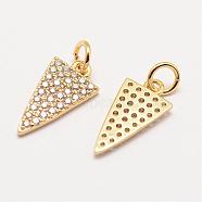Brass Micro Pave Grade AAA Cubic Zirconia Charms, Long-Lasting Plated, Triangle, Cadmium Free & Nickel Free & Lead Free, Real 18K Gold Plated, 15x8x1.5mm, Hole: 3mm(ZIRC-G090-07G-NR)