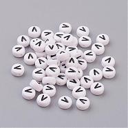 Flat Round with Letter V Acrylic Beads, with Horizontal Hole, White & Black, Size: about 7mm in diameter, 4mm thick, hole: 1mm(X-PL37C9070-V)