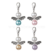 Angel Alloy & Glass Pearl Round Bead Pendant Decorations, with Alloy Lobster Claw Clasps, Mixed Color, 34.5mm(HJEW-JM01292)
