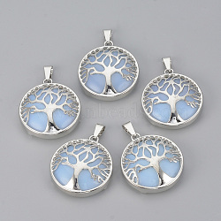 Opalite Pendants, with Brass Findings, Flat Round with Tree of Life, Platinum, 30.5x27x8mm, Hole: 7x3mm(G-S292-10N-P)