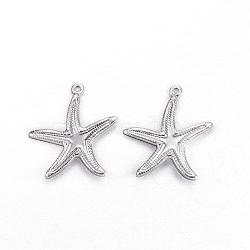 201 Stainless Steel Pendants, Starfish/Sea Stars, Stainless Steel Color, 22x20.5x2.5mm, Hole: 1.2mm(STAS-N0014-51P)