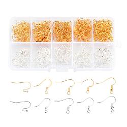 1 Box Five Styles Brass Earring Hooks, with Horizontal Loop, Golden and Silver, Mixed Color, 16~21x12~19mm, Hole: 2mm, 22 Gauge, Pin: 0.6mm, about 20pcs/compartment, 200pcs/box(KK-X0092-02-01)