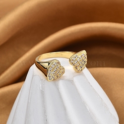 Rack Plating Brass Micro Pave Clear Cubic Zirconia Cuff Finger Rings for Women, Long-Lasting Plated, Double Heart, Real 18K Gold Plated, Inner Diameter: 17.5mm(RJEW-M028-38G)