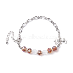 Faceted Rondelle Glass Link Bracelets, Bowknot Alloy Bracelets for Women, Platinum, 7-1/8 inch(18cm)(AJEW-JB01220)