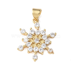 Brass Micro Pave Cubic Zirconia Pendants, Snowflake Charms, Long-Lasting Plated, Cadmium Free & Lead Free, Rack Plating, Real 18K Gold Plated, 21x17x2.5mm, Hole: 5x3.5mm(KK-A252-04G)