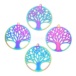 201 Stainless Steel Filigree Pendants, Etched Metal Embellishments, Tree of Life Charm, Rainbow Color, 32.5x30x0.2mm, Hole: 1.6mm(STAS-TAC0018-12)