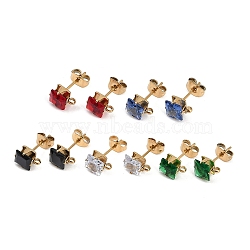 Ion Plating(IP) 304 Stainless Steel Cubic Zirconia Stud Earring Findings, Square, Mixed Color, 8x6.5mm, Hole: 1.4mm, Pin: 0.8mm(STAS-P373-06C)