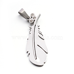 304 Stainless Steel Rhinestone Large Feather Pendants, Stainless Steel Color, 51x18.5x3.5mm, Hole: 5x10.5mm(STAS-E090-88P)