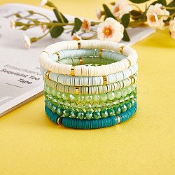 7Pcs 7 Style Handmade Polymer Clay Heishi Surfer Stretch Bracelets Set, Glass Beads Bracelets, Stackable Preppy Bracelets for Women, Green, Inner Diameter: 2-1/8 inch(5.3cm), 1Pc/style(BJEW-SW00073-03)