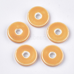 Handmade Porcelain Beads, Bright Glazed Porcelain, Flat Round/Disc, Orange, 21~22x6mm, Hole: 5mm(PORC-S498-55)