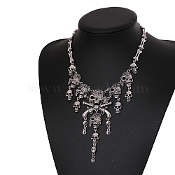 Alloy Skull Bib Necklace, Halloween Tassel Stackable Necklace for Women, Antique Silver, 18.18 inch(46.2cm)(NJEW-L175-01AS)
