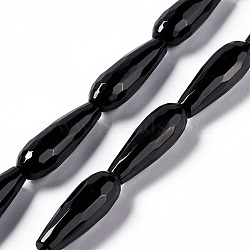 Natural Black Stone Beads Strands, Faceted, Teardrop, 28~30x9.5~10.5mm, Hole: 1.2mm, about 13pcs/strand, 14.65''~15.39''(37.2~39.1cm)(G-I328-04)
